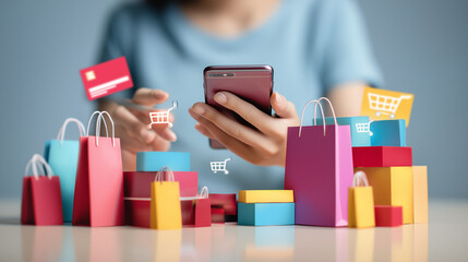 スマートフォンでネットショッピングを楽しむ女性と買い物袋のイラスト