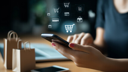 スマートフォンでネットショッピングを楽しむ女性と買い物袋のイラスト