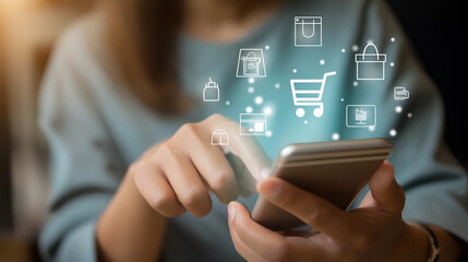 スマートフォンでネットショッピングを楽しむ女性と買い物袋のイラスト