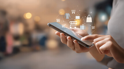 スマートフォンでネットショッピングを楽しむ女性と買い物袋のイラスト