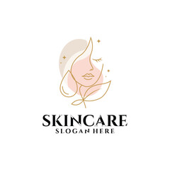 Skincare and beauty logo design with woman face and leaf