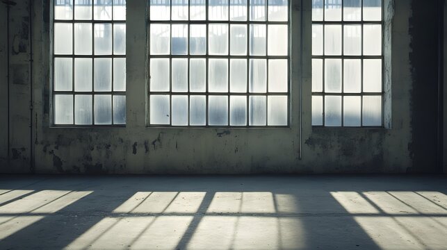 Industrial interior space with large windows and shadows.
