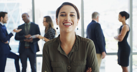 Office, businesswoman and portrait with arms crossed for about us, professional career or secretary. Workplace, female person and assistant with confidence for meeting, ambition and smile with pride