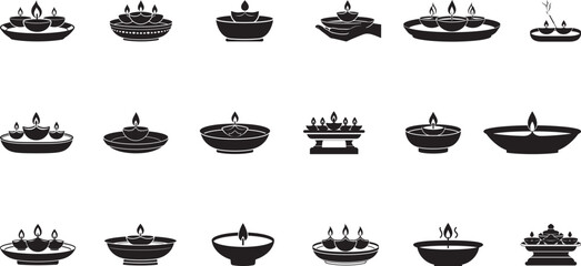 Silhouette Icons of Various Traditional diwali Oil Lamps for Cultural Celebrations Silhouette Minimal Vector
