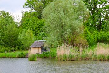 A rural landscape with a wooden house on the bank of a body of water, surrounded by dense green...
