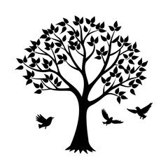 Silhouette of a leafy tree with birds in flight graphic for nature and freedom themes