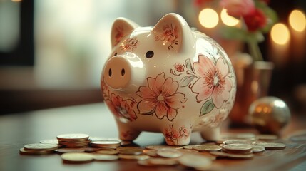 Delicate Floral Piggy Bank with Coins