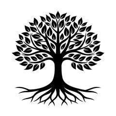 Elegant black and white silhouette of a flourishing tree with roots and lush foliage