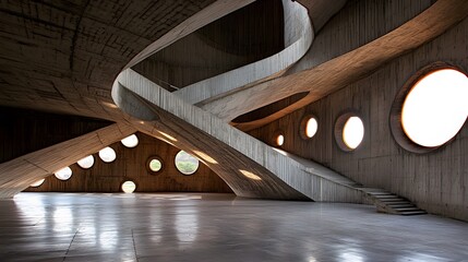 Intricate concrete architectural structure with circular windows.