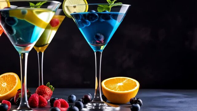 Three vibrant cocktails in martini glasses with colorful fruits and citrus slices on dark backdrop, delicious summer drink