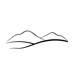 Simple minimalist black and white outline illustration of a mountain landscape design concept