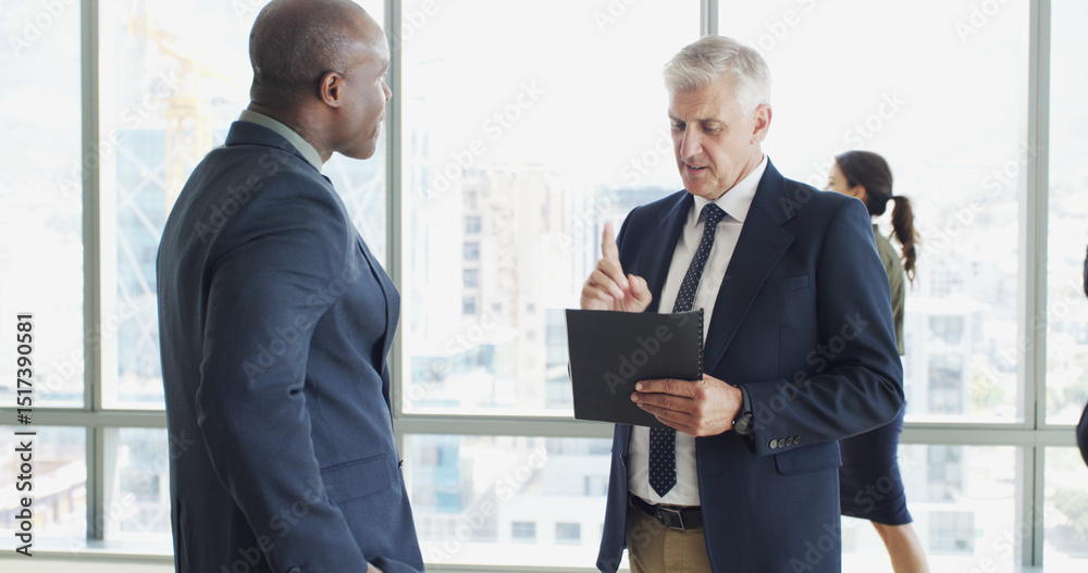 Poster document, discussion and business men in office for finance contract with investment negotiation. pa