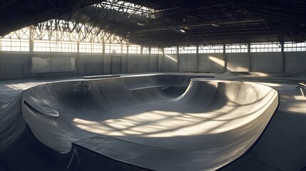 Empty indoor skatepark with sunlight streaming through large windows.