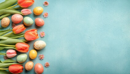 Obraz premium Pastel Easter tulips, eggs, and flowers on a light blue textured background