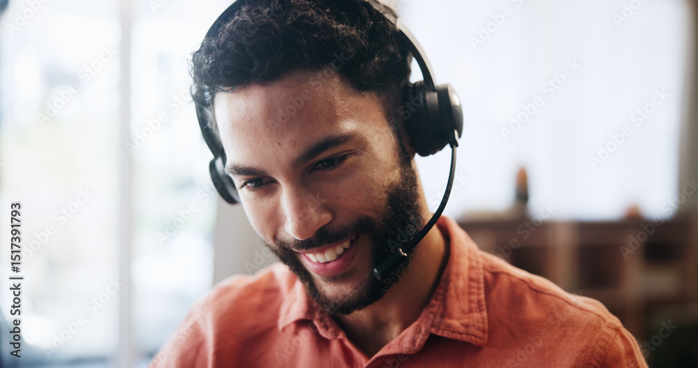 Aufkleber man, headset and smile for remote work, virtual receptionist or assistant for help in home. male per