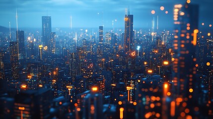 Fototapeta premium A dazzling cityscape at twilight pulsates with life energy and interconnectedness under a muted teal