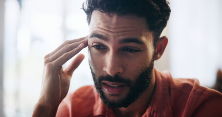 Man, frustrated and headache with brain fog, anxiety or depression in debt, mistake or financial...