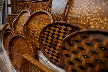 Collection of Moroccan Wooden Trays with Intricate Patterns