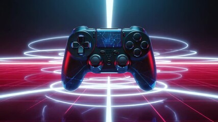 14.	A futuristic gamepad with abstract button symbols hovers above a neon grid as reactive light pulses sweep across its surface—dynamic 4 K loop, totally generic. - Powered by Adobe