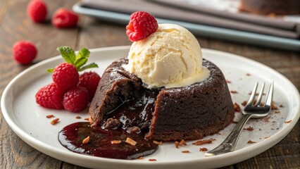 Decadent Chocolate Lava Cake with Vanilla Ice Cream and Raspberry Garnish