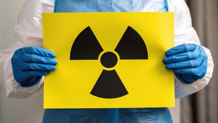Security researchers risk monitor. Person in protective gear holding a radioactive warning sign on a bright yellow background.