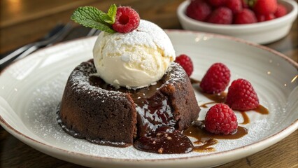 Decadent Chocolate Lava Cake with Vanilla Ice Cream and Raspberry Garnish