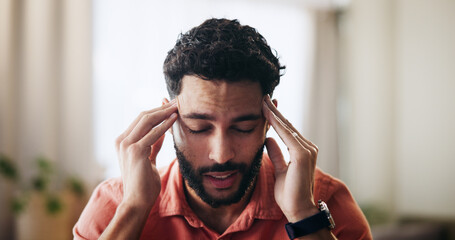 Man, pain and headache with stress, anxiety or depression in debt, mistake or financial crisis in...