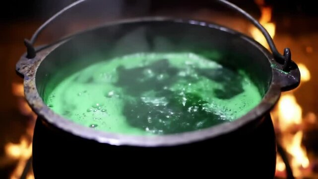 Green potion brewing over campfire