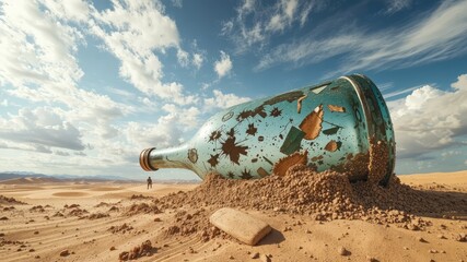 Abandoned Giant Glass Bottle in Desert Sand under Dramatic Sky