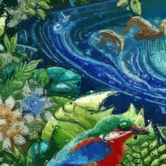 Various oil paintings, flowers, roosters, birds, landscapes, tigers, cats, dogs, hens, chicks