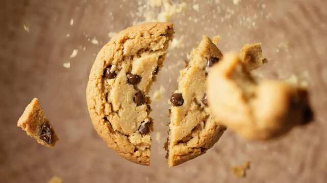 A golden cookie cracks midair in buttery slow motion, scattering chocolate fragments and crisp crumbs into a warm-lit space &mdash; elegant and tasty dessert loop in 4K.