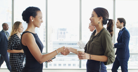 Office, welcome and handshake with business women together with smile for event. Greeting,...