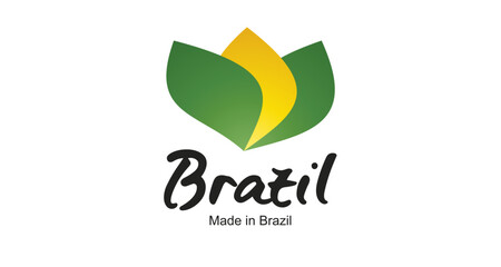 Made in Brazil logo, sticker. Abstract Brazil flag and ribbon in shape of leaf flower with handwritten typography lettering