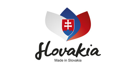 Made in Slovakia logo, sticker. Abstract Slovakia flag and ribbon in shape of leaf flower with handwritten typography lettering