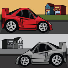 Red Sports Car with Countryside Background &ndash; Flat and Comic Design
