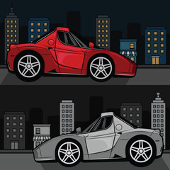 Red Supercar in Front of Modern City Buildings &ndash; Flat and Comic Design
