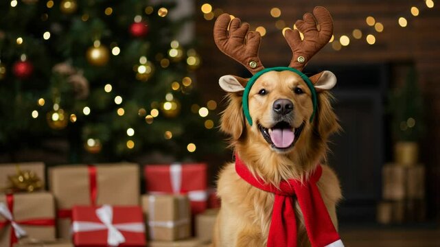 Golden retriever christmas holiday portrait