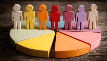 Colorful wooden figures stand on a pie chart