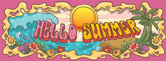 hello summer retro seasonal greting banner template. hand drawn summer sun  in the beach with sea waves and tropical island and flowers. vintage physcedelic banner template vector illustration.