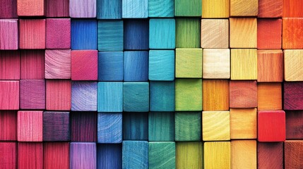 Colorful wooden blocks arranged in a vibrant spectrum pattern.