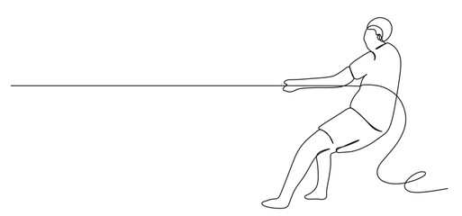 continuous one line art of a man playing tug of war. traditional game. vector illustration