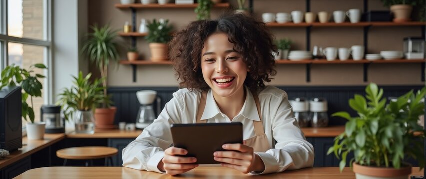 Professional barista owner using digital tablet at coffee shop counter warm inviting cafe environment commercial use stock photo - Powered by Adobe
