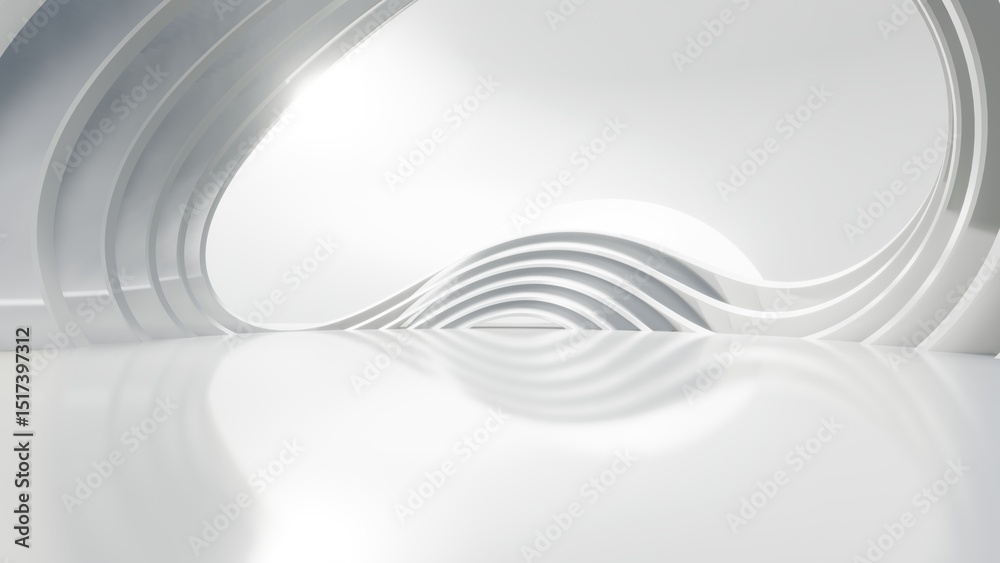 Fototapete Abstract white curved architecture background, Empty wavy space with reflected concrete floor, Futuristic modern interior backdrop, 3d rendering of circular building