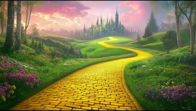 Enchanted yellow brick road leading to magical emerald city in springtime , Fantasy, Oz, Magicians