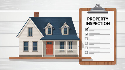 Illustration of a house with a property inspection checklist.