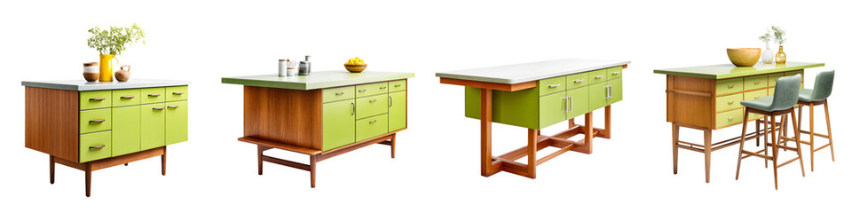 Modern kitchen islands featuring vibrant green cabinetry and natural wood finishes, perfect for stylish cooking and entertaining.