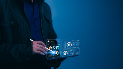 Smart Digital Dashboard Analyzing Real-time Data For Data driven Decisions On Glowing Tablet Screen Interface Modern Display Against Blue Background