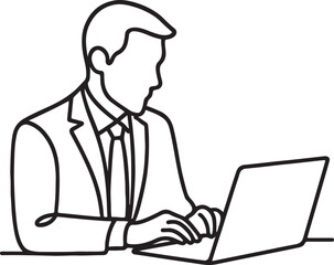 one line art businessman using laptop minimalist office work vector illustration.