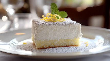 Elegant slice of creamy cheesecake topped with powdered sugar, lemon zest, and mint leaf on a white plate