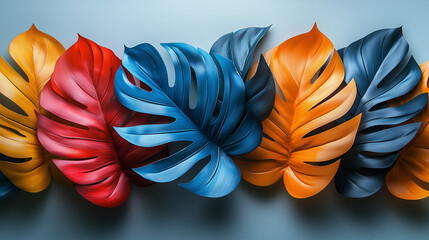 Vibrant neon tropical leaves in a flat lay, radiating bold energy and modern tropical vibes